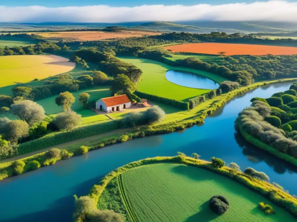 Un paisaje rural uruguayo sereno con ganado pastando, casas rústicas y un río, ideal para posadas rurales en Uruguay