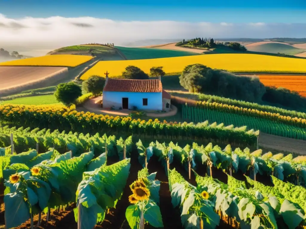 Un paisaje rural de Uruguay con viñedos, campos coloridos y una granja tradicional rodeada de girasoles