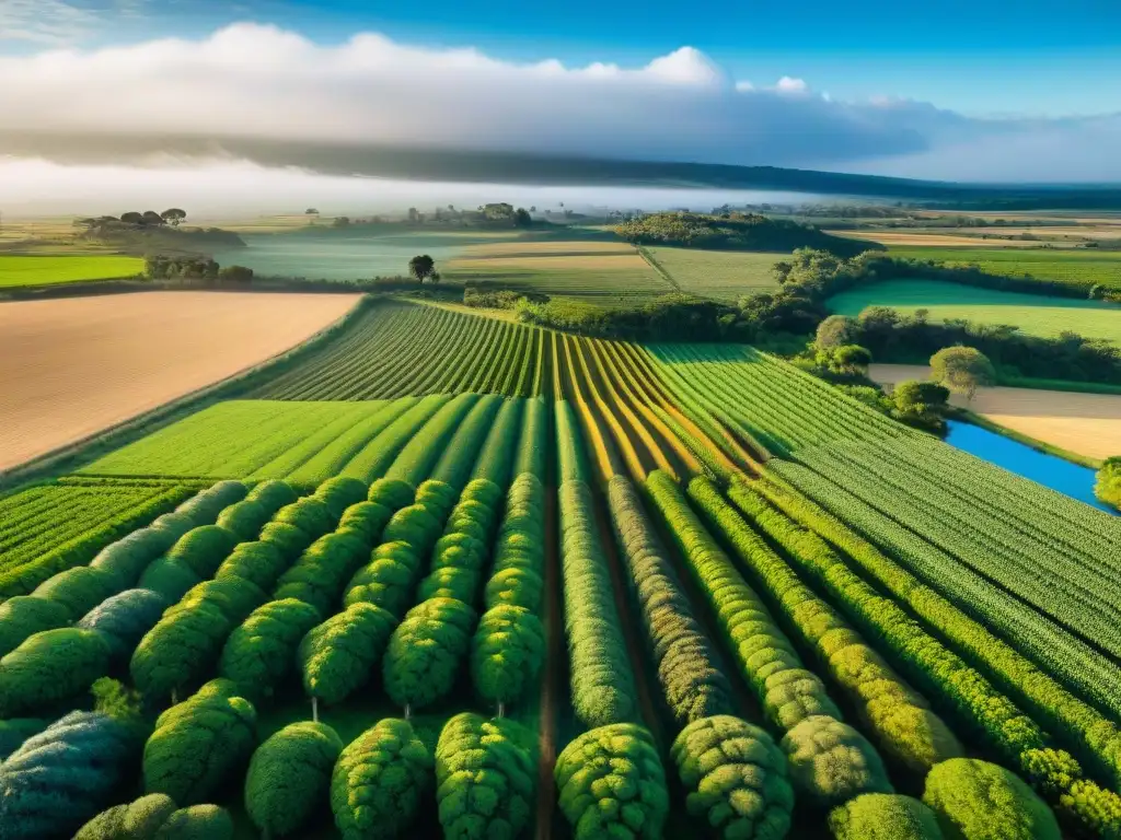 Un paisaje sereno de agroturismo sostenible en Uruguay: campos verdes y vibrantes bajo un cielo azul