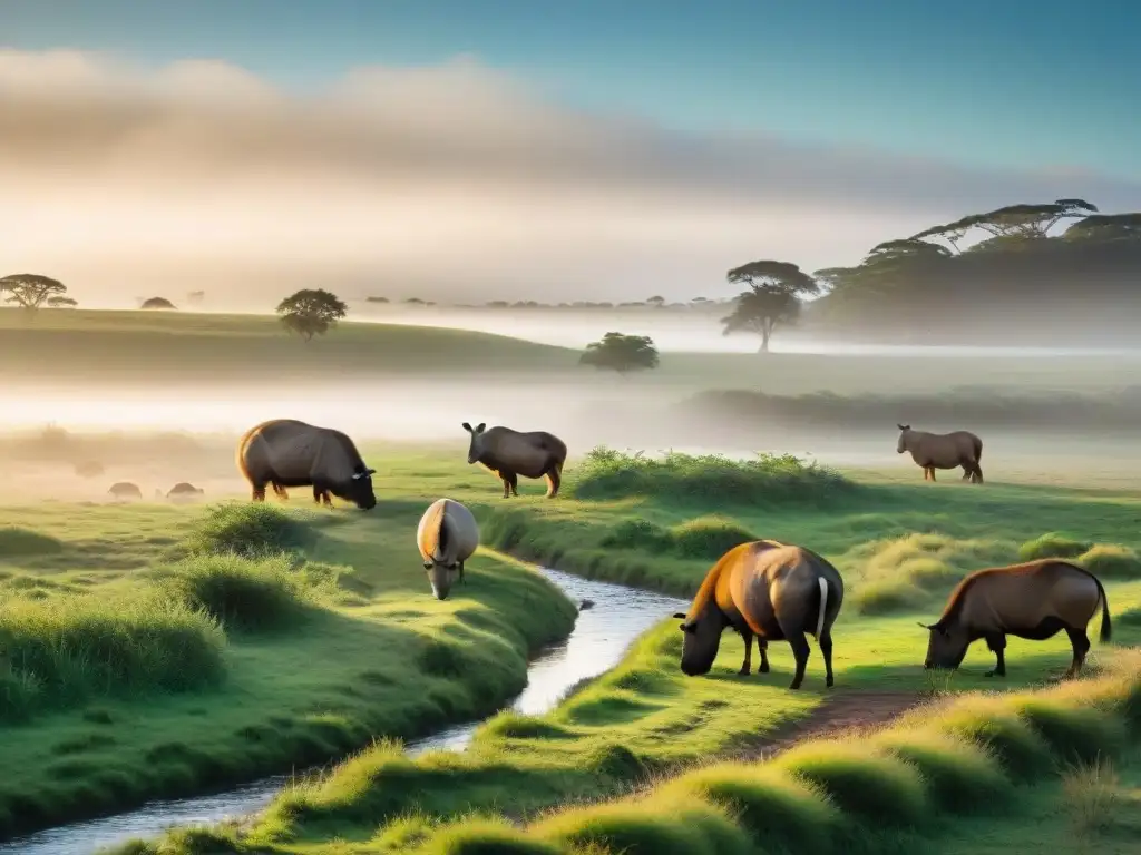 Paisaje sereno al atardecer en el campo uruguayo, donde una familia de capibaras interactúa armoniosamente con su entorno natural