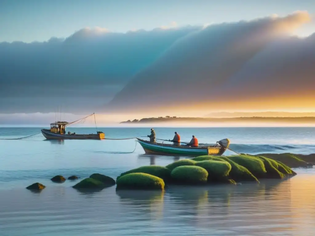 Pescadores sostenibles en atardecer uruguayo Paisaje sereno al atardecer en la costa de Uruguay, con pescadores practicando Prácticas de pesca sostenible en Uruguay