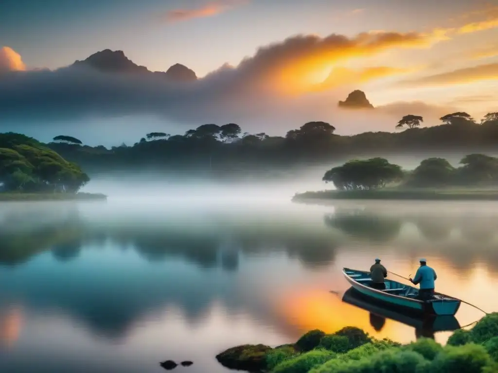 Paisaje sereno en Uruguay al atardecer con pescadores en un bote, reflejados en el lago