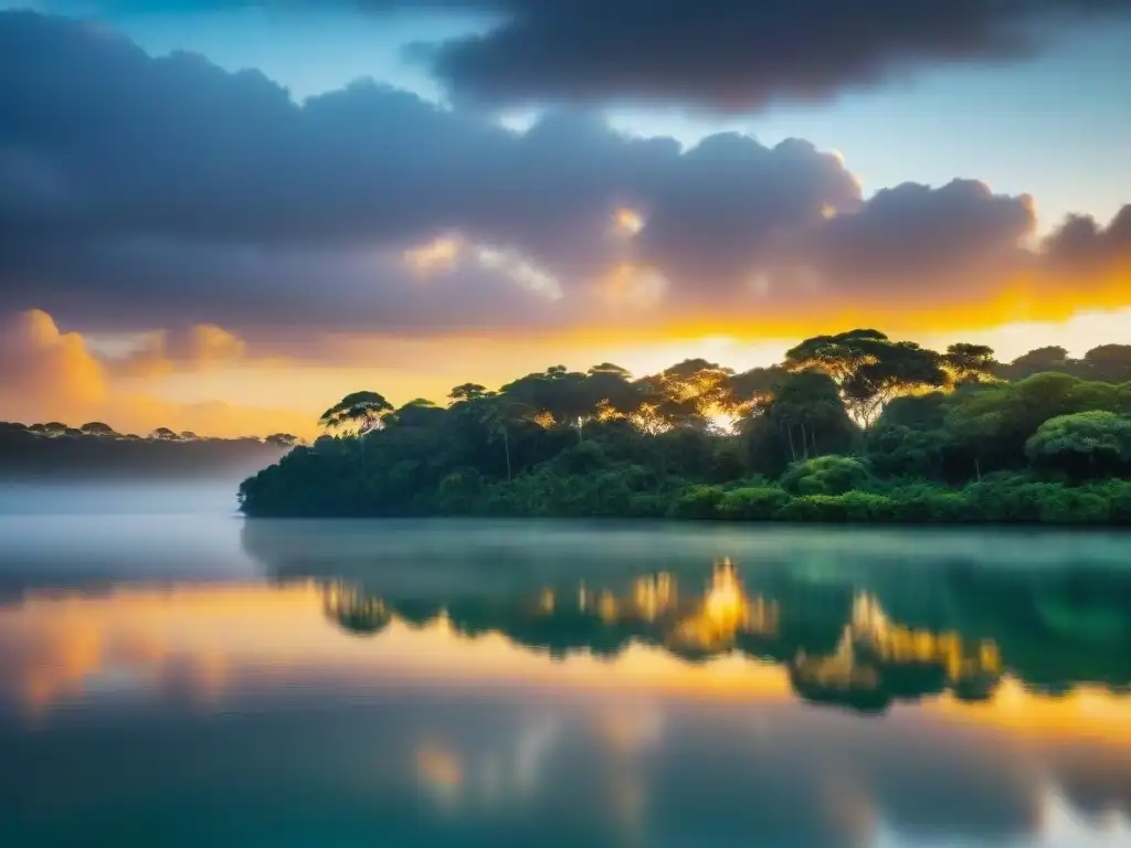 Paisaje sereno al atardecer en la Lagoa Mirim, reflejando la tranquilidad de la naturaleza