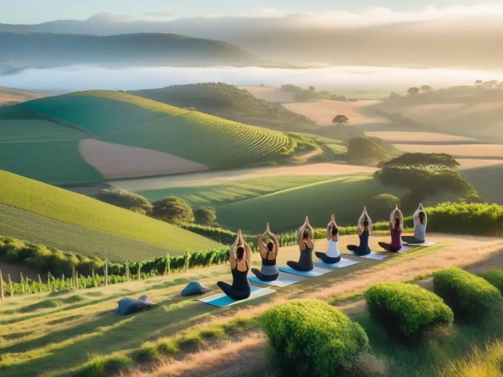 Paisaje sereno al amanecer en la campiña uruguaya con retiros yoga