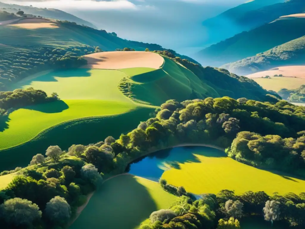 Un paisaje sereno de colinas verdes, ganado pastando y un río serpenteante en Uruguay