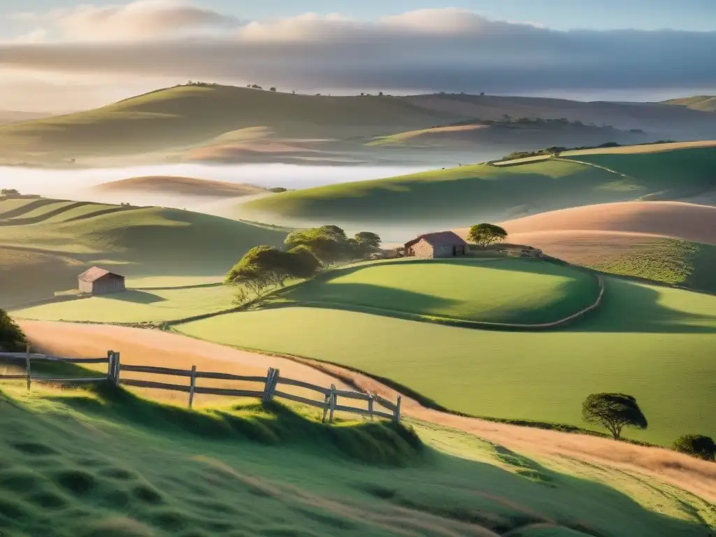 Paisaje sereno de colinas verdes en Uruguay con granjas rurales y ganado pastando