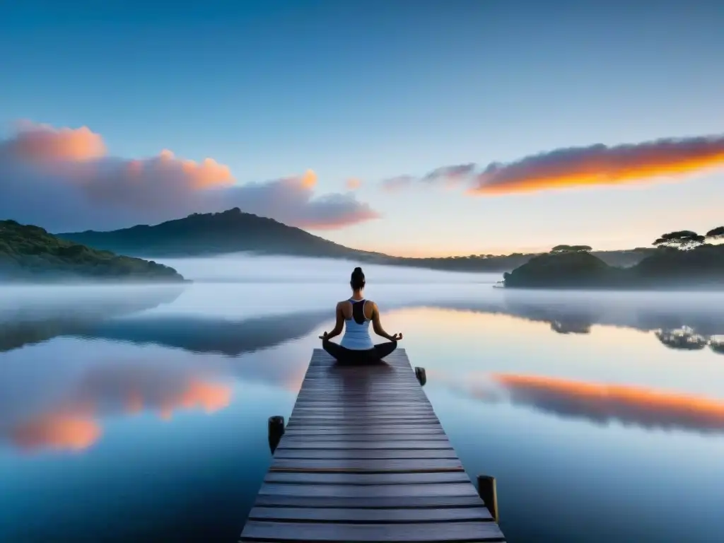 Paisaje sereno al amanecer en Uruguay con figura practicando yoga en el muelle