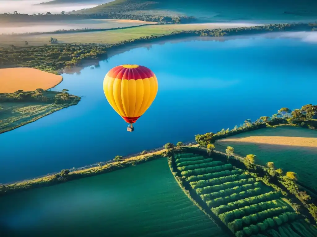 Un paisaje sereno de un globo aerostático colorido flotando sobre los paisajes verdes de Uruguay