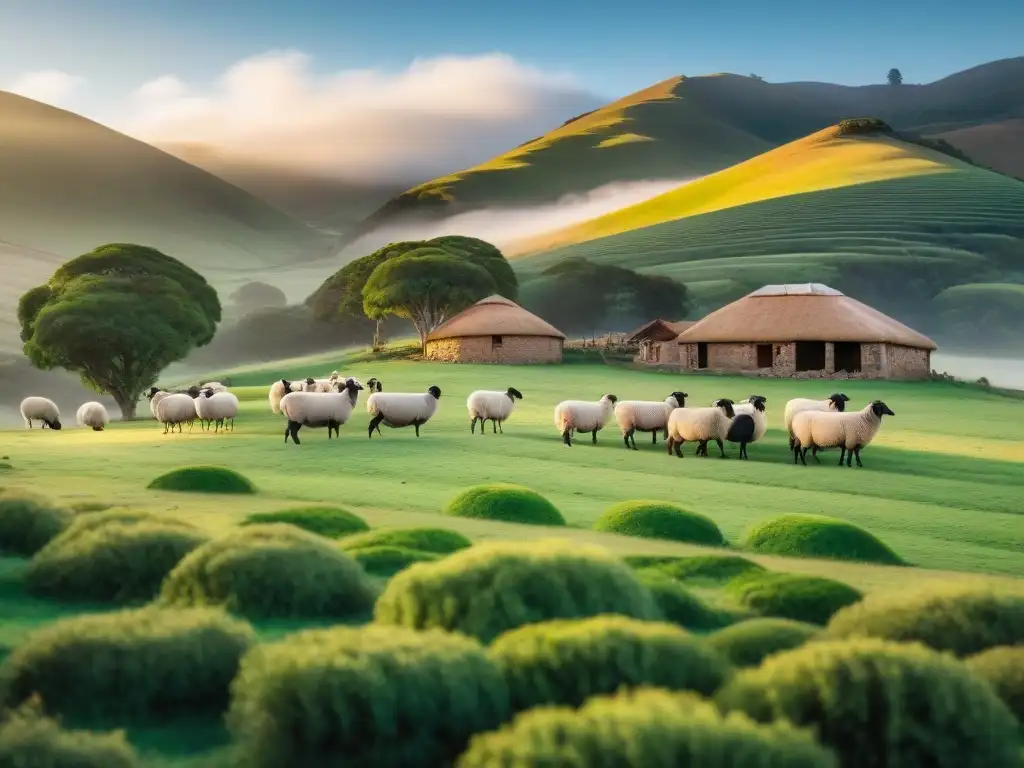 Un paisaje sereno de una granja de ovejas en Uruguay, resaltando la tradición de la lana y el agroturismo