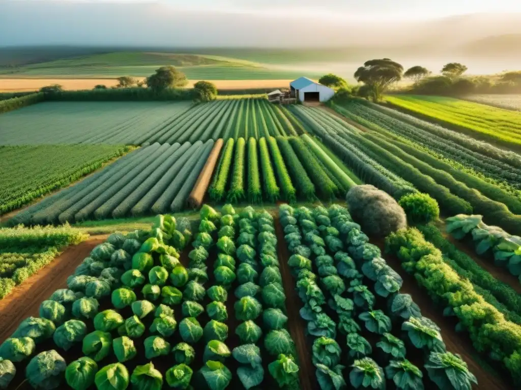 Un paisaje sereno de huertas orgánicas en Uruguay, con verduras cultivadas y una cálida luz dorada