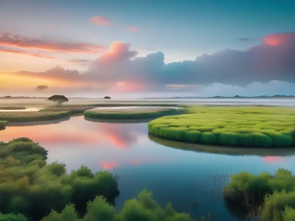 Paisaje sereno de humedal uruguayo al atardecer, con diversidad de aves y vegetación exuberante