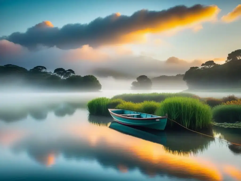 Paisaje sereno de un lago al amanecer en Uruguay, pescador en barca, reflejos coloridos