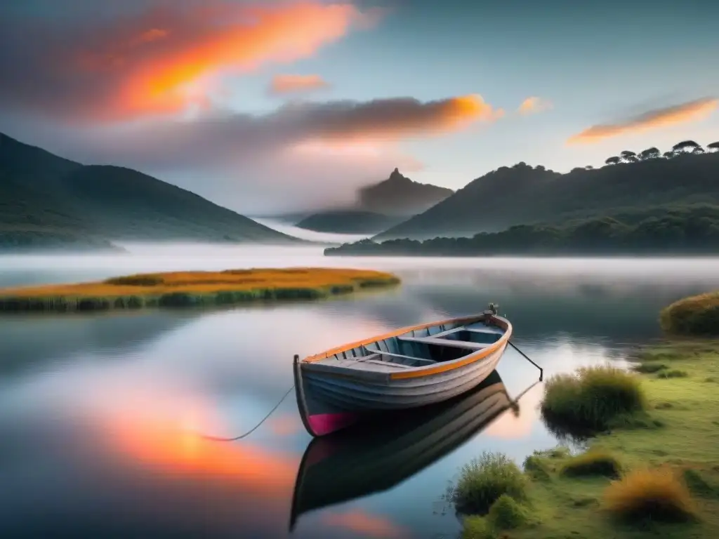 Paisaje sereno de lago al amanecer en Uruguay, con cielo anaranjado y rosa reflejado en el agua, rodeado de naturaleza