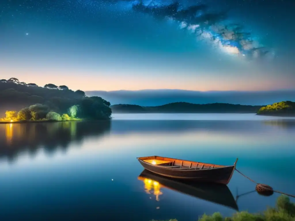 Paisaje sereno de lago en Uruguay de noche con pesca nocturna y paisaje místico iluminado por la luna y estrellas