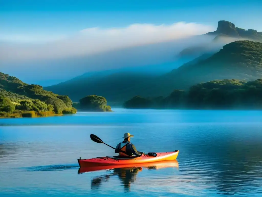 Paisaje sereno en Uruguay con kayak en lago, reflejando la pesca en kayak en Uruguay