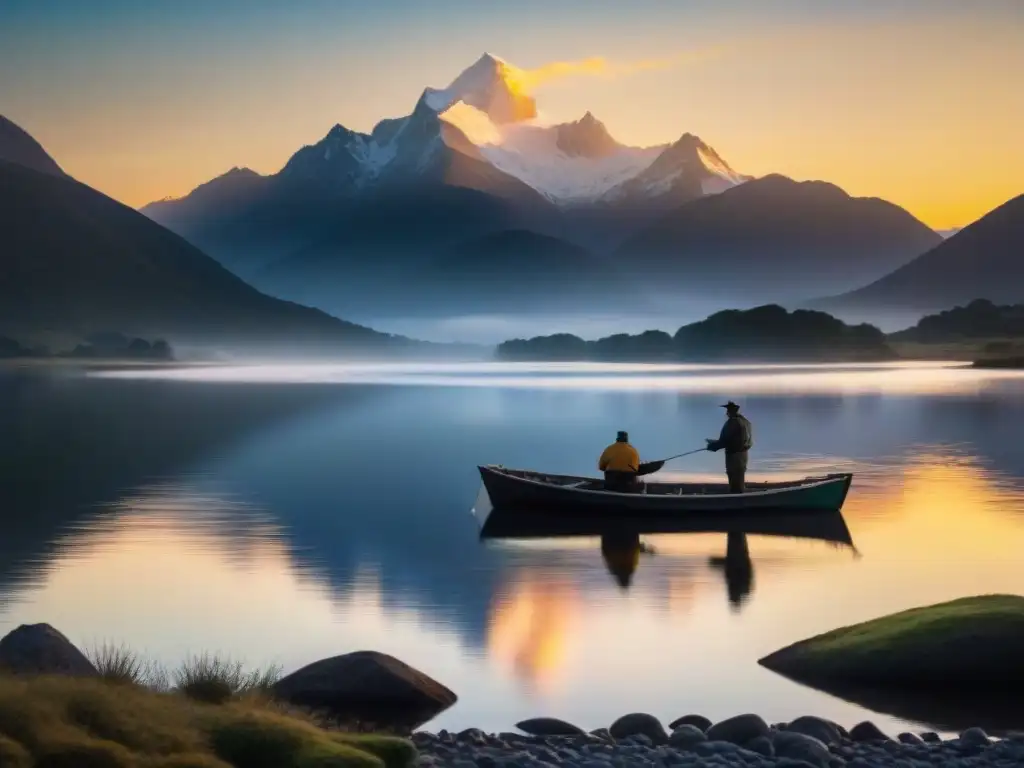 Paisaje sereno de un lago al amanecer en Uruguay, con pescador preparando su equipo