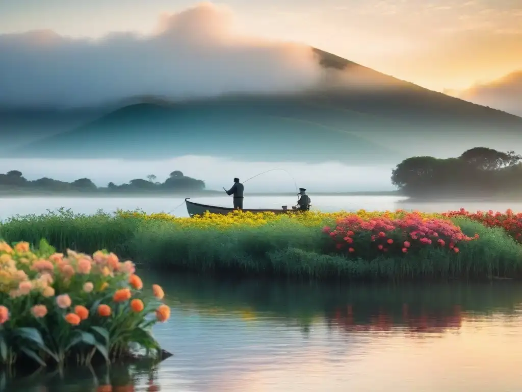 Paisaje sereno de un lago en Uruguay al amanecer con pescador en bote, reflejos de flores y vegetación