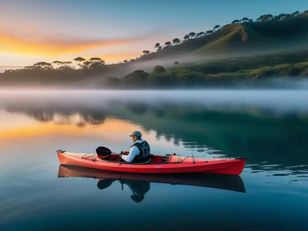 Paisaje sereno al amanecer en Laguna Garzón en Uruguay, con un kayak equipado para pesca flotando en aguas tranquilas