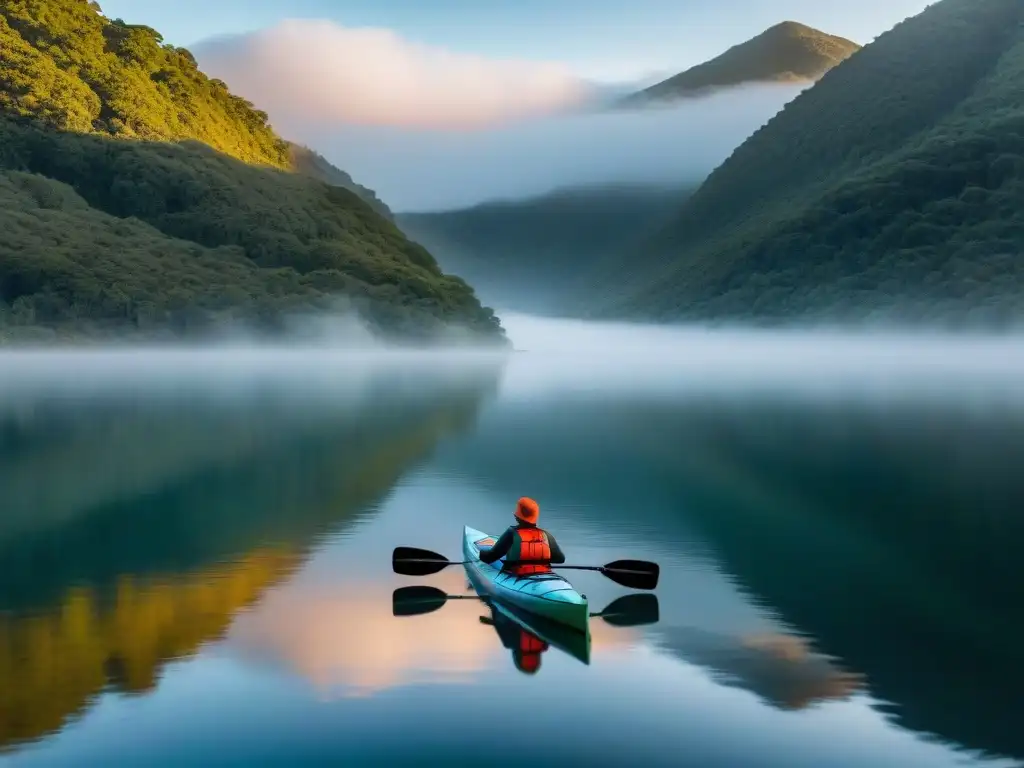 Paisaje sereno al amanecer en Laguna Negra, Uruguay, con un kayakista solitario en aguas tranquilas rodeado de exuberante vegetación