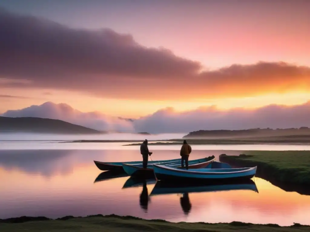 Paisaje sereno al amanecer en Laguna Garzón en Uruguay con pescadores preparando sus botes