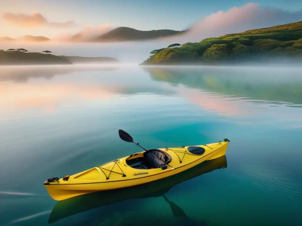 Paisaje sereno al amanecer en Laguna Garzón, Uruguay, con kayak pesquero