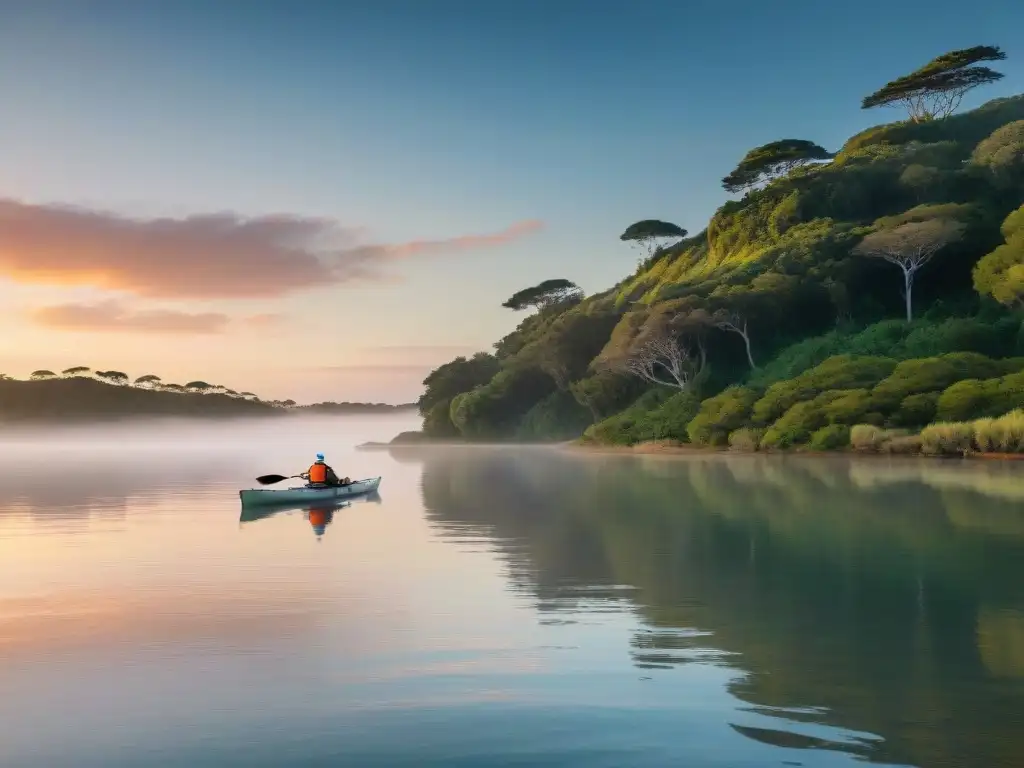 Paisaje sereno al amanecer en Laguna Garzón, Uruguay, con kayak solitario