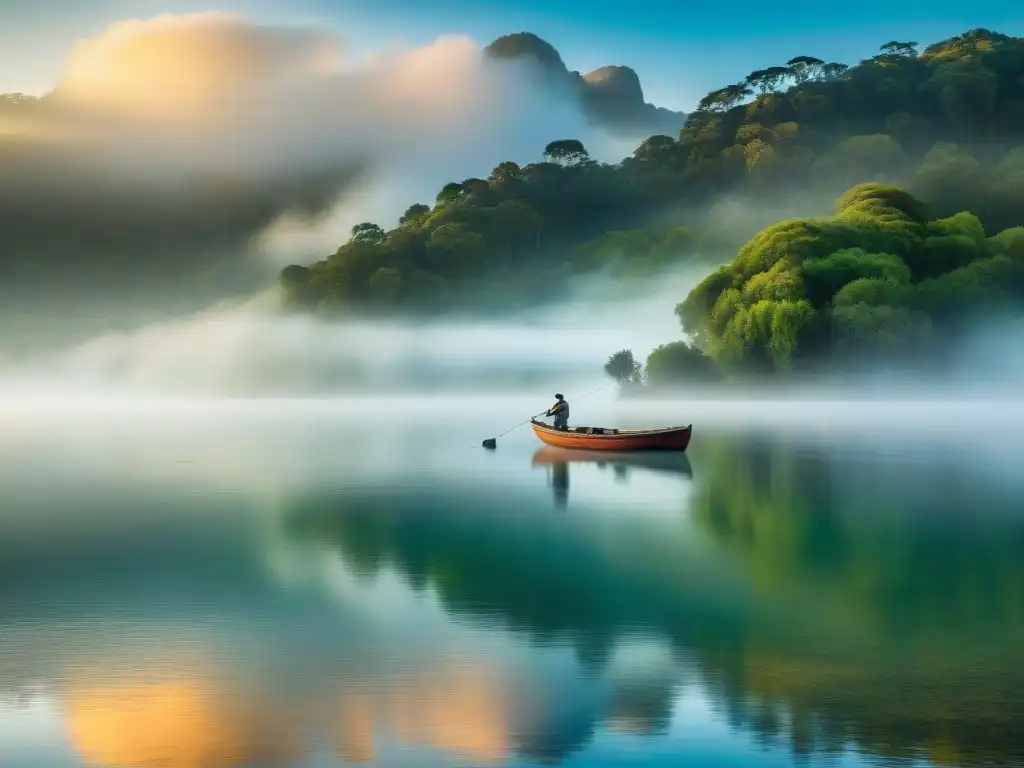 Paisaje sereno al amanecer en Uruguay con pesca deportiva en lago