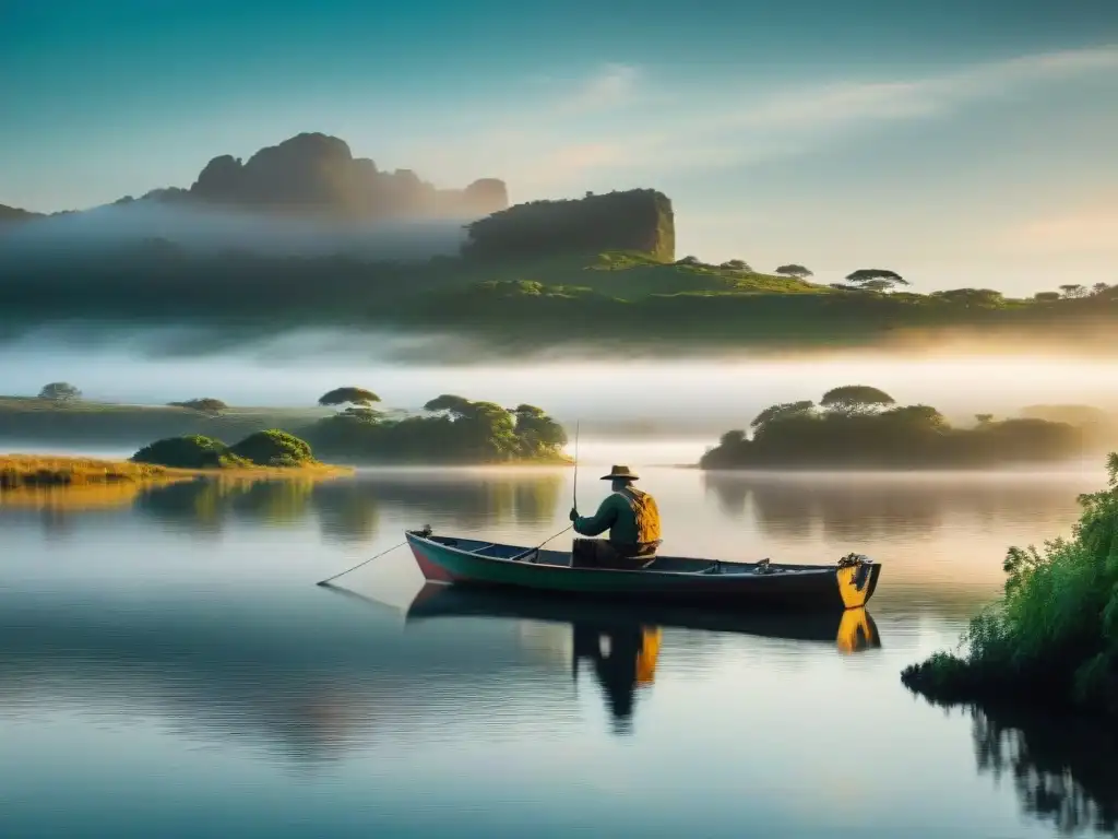 Paisaje sereno de un pescador en un lago al atardecer en Uruguay durante las mejores temporadas de pesca