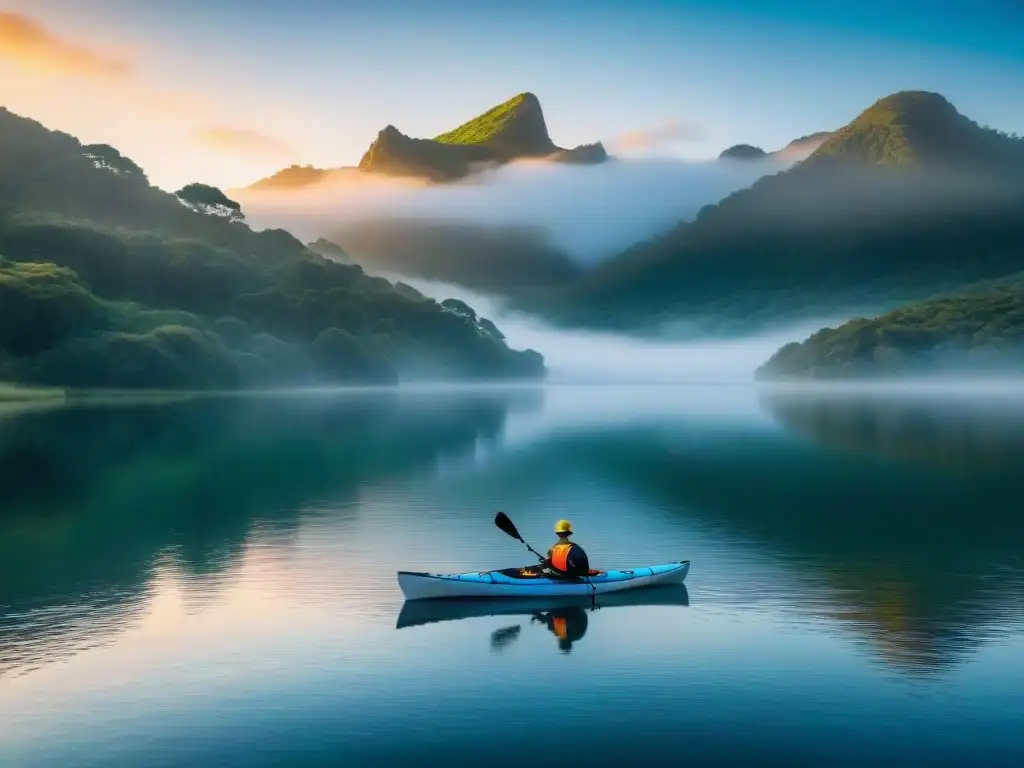 Paisaje sereno al amanecer en Uruguay con pescador en kayak, rodeado de naturaleza