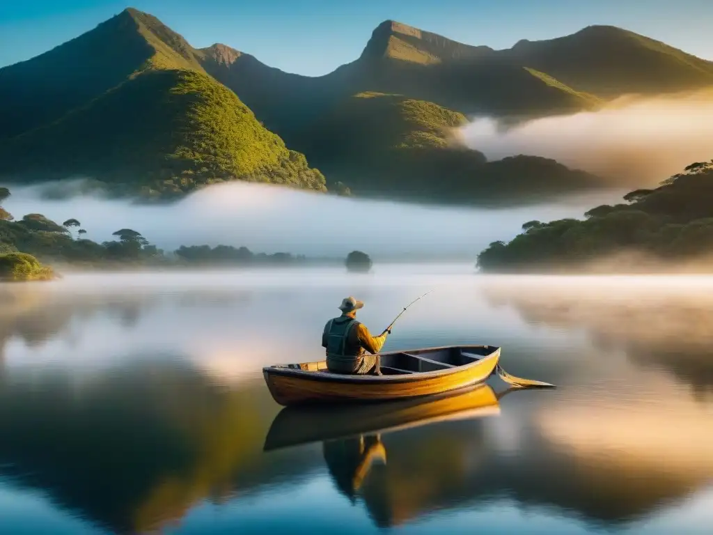 Paisaje sereno al amanecer en Uruguay con pescador solitario en lago