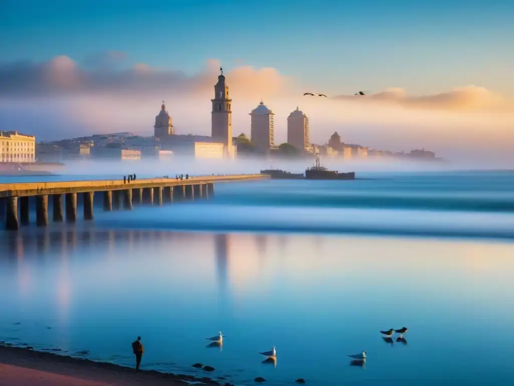 Paisaje sereno en la Rambla de Montevideo al amanecer, capturando la esencia de lugares fotogénicos Montevideo