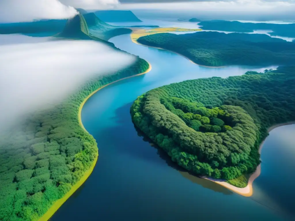 Un paisaje sereno del Rio Uruguay, aguas azules entre verde exuberante, con barcos y una luz dorada