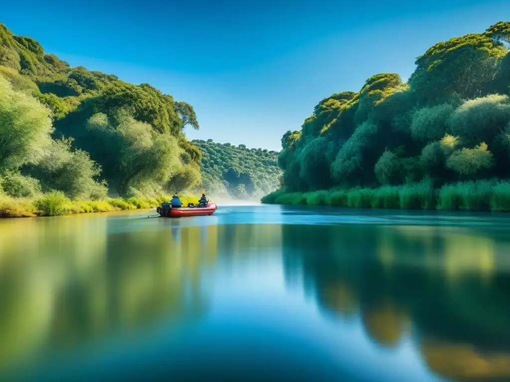 Paisaje sereno de un río en Uruguay con árboles verdes, cielo azul y bote inflable