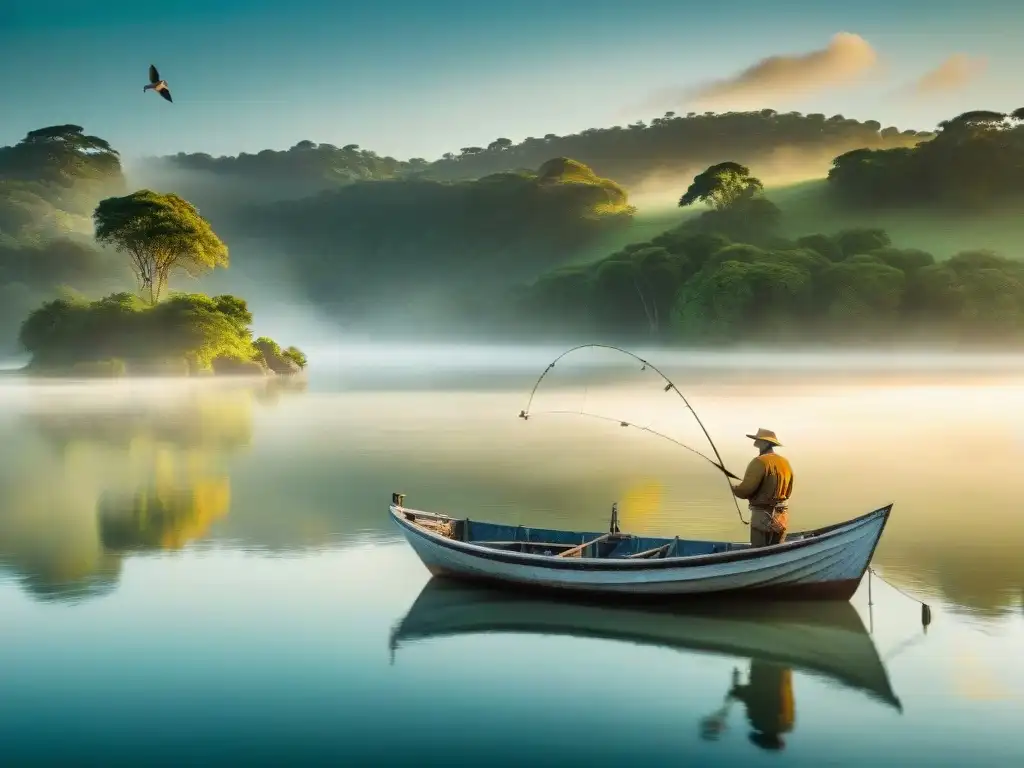 Paisaje sereno de un río en Uruguay al amanecer, con una embarcación de pesca anclada y aves sobrevolando