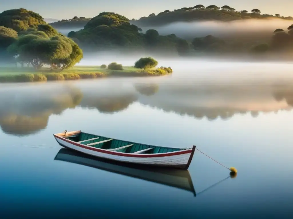 Paisaje sereno de río en Uruguay al amanecer, barca pesquera deslizándose tranquilamente