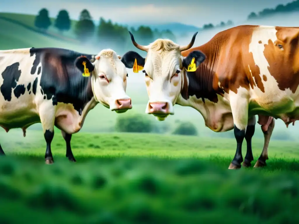 Un paisaje sereno en la Ruta Láctea: vacas pastando en un campo verde y soleado de Uruguay, con patrones únicos en sus pieles