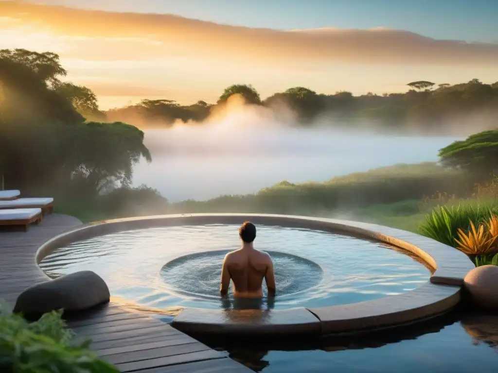 Un paisaje sereno en las Termas de Uruguay al atardecer, con aguas termales beneficiosas para la salud