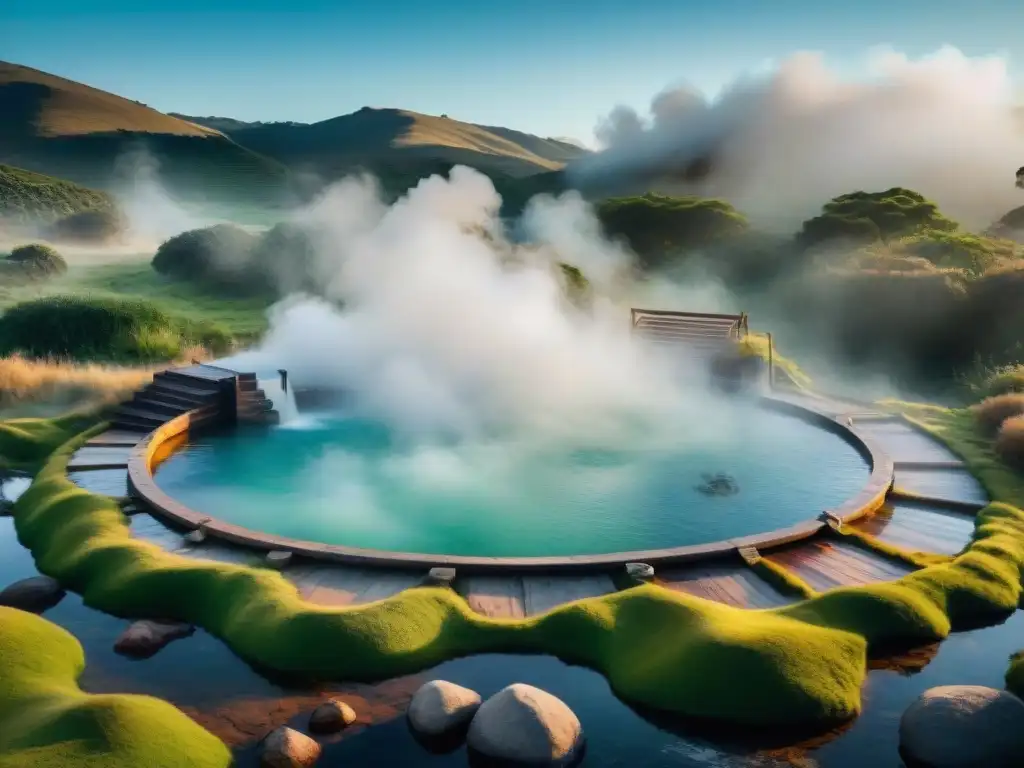 Paisaje sereno de termas uruguayas: secretos mejor guardados, con aguas termales y vegetación exuberante