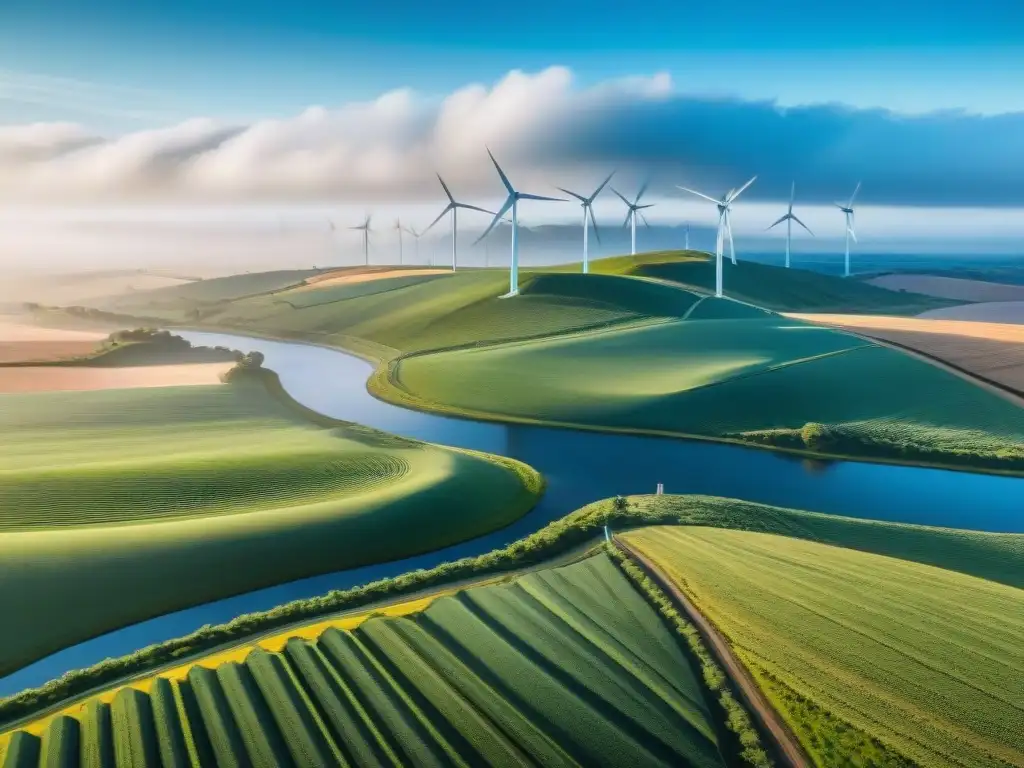 Un paisaje sereno y vasto en Uruguay con molinos de viento modernos, simbolizando el turismo sostenible en Uruguay