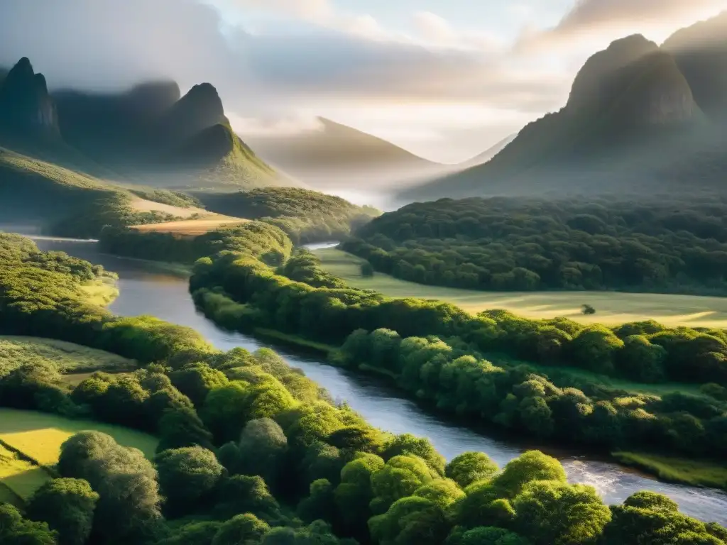 Un paisaje sereno en Uruguay con bosque verde, río tranquilo y montañas majestuosas, evocando preservación espacios naturales tranquilos Uruguay