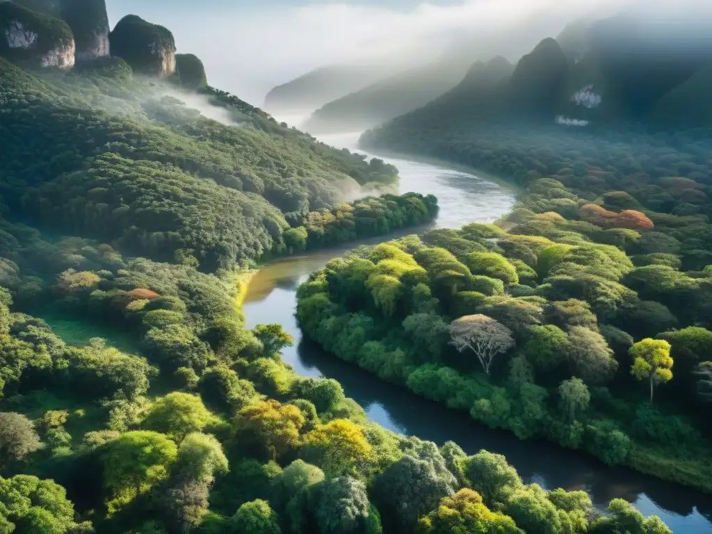 Un paisaje sereno de Uruguay: bosque verde, río tranquilo, diversa fauna