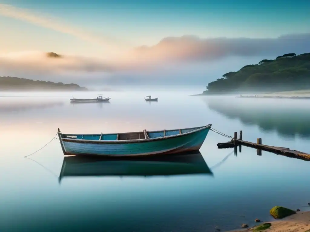 Paisaje tranquilo de Laguna Garzón al amanecer con barca de pesca y redes, reflejando tradiciones de pesca deportiva en Uruguay