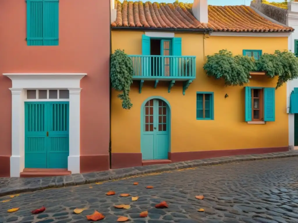 Un paisaje urbano encantador en Colonia del Sacramento, Uruguay, donde las hojas otoñales caen suavemente en las calles empedradas