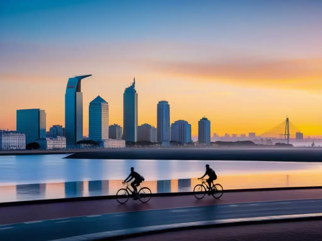 Fotografiando el paisaje urbano de Montevideo al amanecer, con el reflejo del cielo en el Rio de la Plata y siluetas de deportistas