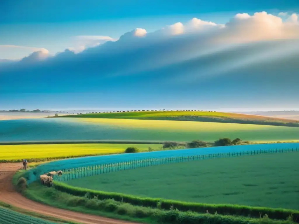 Un paisaje verde en Uruguay con aves nativas y agricultores trabajando en armonía