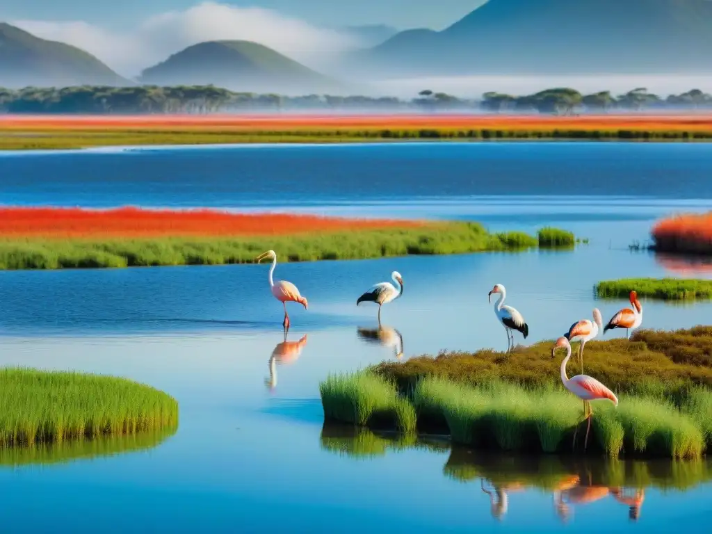 Un paisaje vibrante de vida silvestre en humedales de Uruguay con flamencos, garzas e ibis bajo un cielo azul