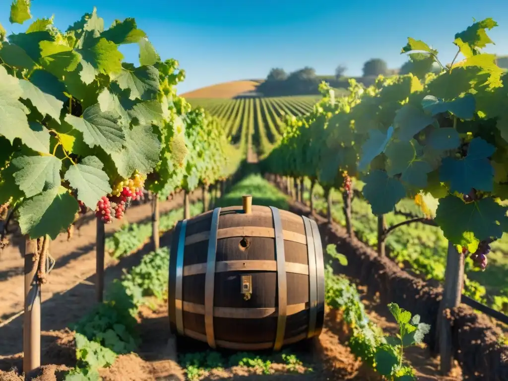 Un paisaje vibrante en viñedo de Carmelo, Uruguay, con uvas y barril de vino