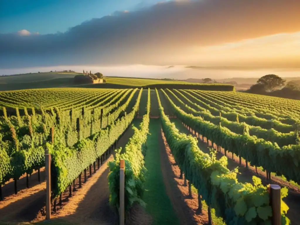 Paisaje de viñedo en Uruguay al atardecer, con hileras de uvas verdes y cielo dorado