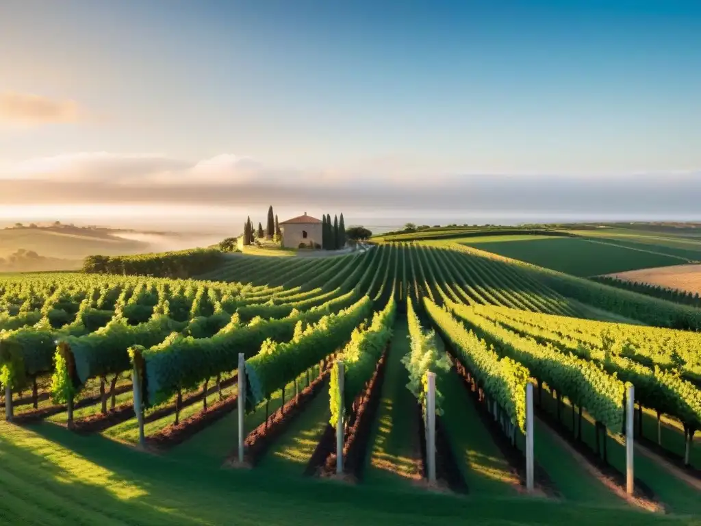 Un paisaje de viñedo en Uruguay, maridaje vinos platos autor, sommeliers y chefs entre barricas de vino y platos gourmet