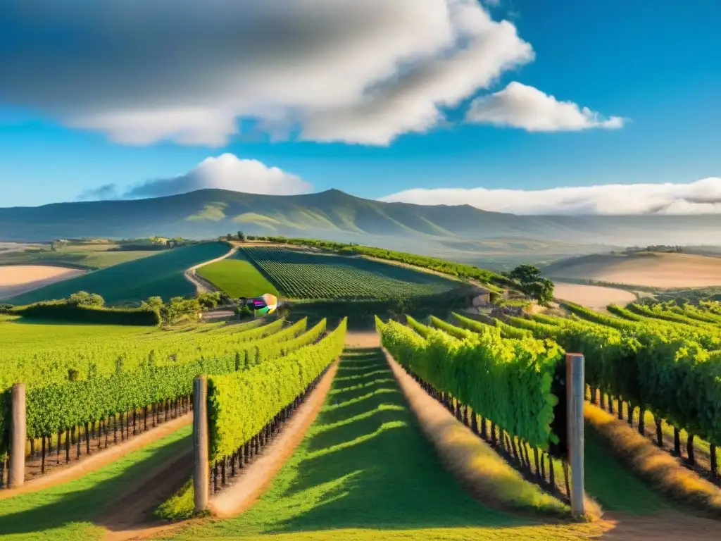 Un paisaje de viñedos exuberantes en las colinas de Uruguay, con barriles de vino y la tradición de la Ruta del Vino